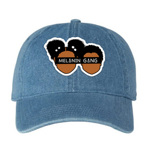 Denim dad cap with Melanin Gang logo. 