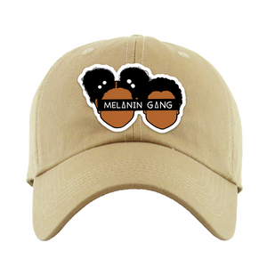 khaki dad cap with Melanin Gang logo. 