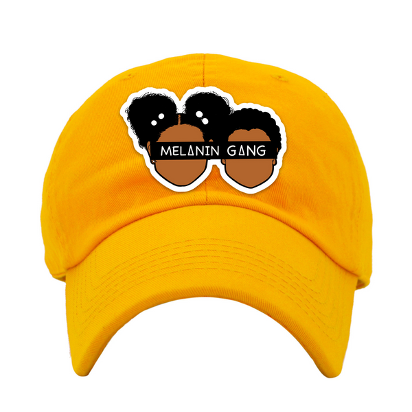 Yellow dad cap with Melanin Gang logo. 