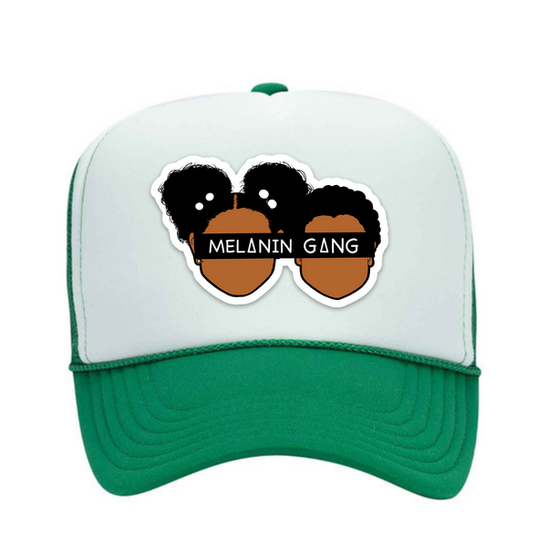 Green trucker hat with Melanin Gang logo on the front. 